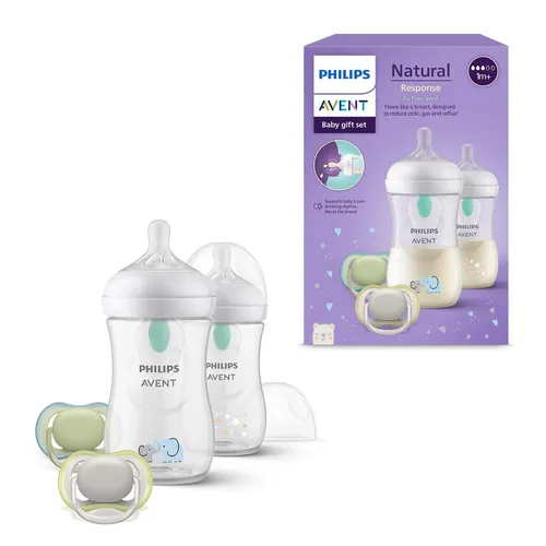 AVENT Natural Response Geschenkset für Babys - Babyflaschen Set mit 2x 260 ml Flaschen und AirFree Ventil für ein natürliches Trinkerlebnis und 2x ultra air Schnuller für weniger Hautirritationen. Ideal ab 1 Monat!