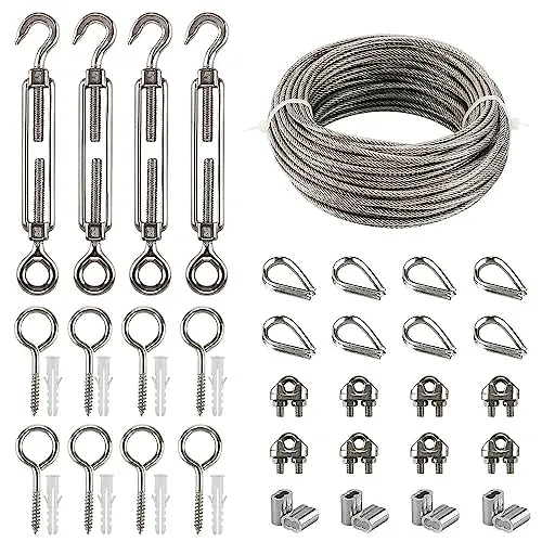 Drahtseil Edelstahl Set, 20M Kletterhilfe Stahlseil mit Spannschlöss Seilspanner M5 Haken+Öse, Ösenschraube, Drahtseilklemmen,Seilkauschen,Alu Seilklemmen,Rankhilfe aus Edelstahl für Kletterpflanzen