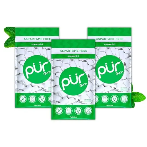 Produktbild PUR Gum | Zuckerfreier Kaugummi | Mit Xylit | Vegan, Aspartamfrei & Glutenfrei | Natürlicher Kaugummi Mit Spearmint-Geschmack, 55 Stück (3er Pack)