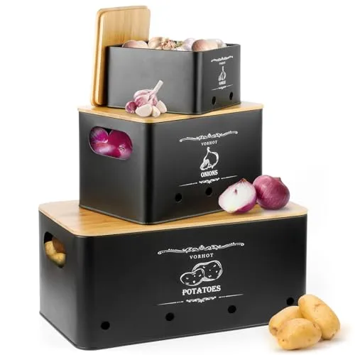 VORHOT Kartoffel Aufbewahrungsbox, 3er Set Zwiebel Kartoffel Knoblauch Aufbewahrung, Kartoffelbox mit Deckel aus Bambus, Schwarz