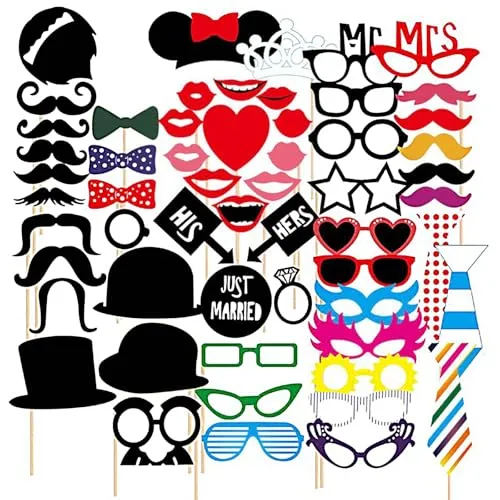 SacJkt Fotobox Accessoires, Party Foto Requisiten, 58PCS Foto Verkleidung mit Sticks und Stickern, Fotobox Zubehör Foto Requisite Kit für Erwachsene und Kinder, Hochzeit Geburtstag Party