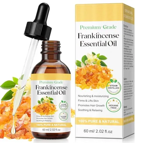 Ätherisches Weihrauchöl 60ml, Frankincense Oil Reine für Gesicht Feuchtigkeit, Strafft Haut, Haare, Massage, Verbreitung, Heimwerken, Holziger Natürliche Aromatherapieöl
