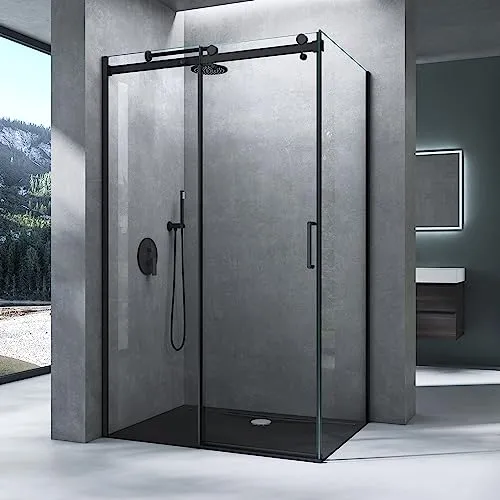 Mai & Mai Eckdusche mit Softclose Schiebetür - Eckdusche ohne Duschtasse, 100x70 cm, mit ESG NANO-Glas für einfache Reinigung und elegantes Design in Schwarz.