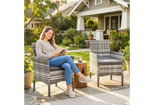 2er Set Polyrattan Gartenstuhl mit Abnehmbaren Kissen - Modernes 2er Set aus robustem Polyrattan mit komfortablen Kissen. Ideal für den Außenbereich, pulverbeschichtet und bis zu 120 kg belastbar.