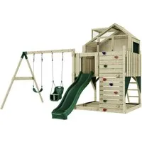 OutdoorToys Spielturm - Spielturm aus hochwertigem Holz in Dunkelgrün, ideal für Kinder ab 3 Jahren, fördert die motorischen Fähigkeiten und bietet stundenlangen Spielspaß im eigenen Garten.