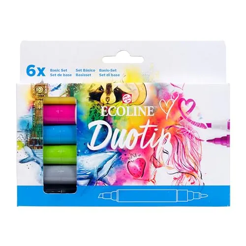 Ecoline Duotip flüssige Aquarellstifte 6er-Set – Grundfarben - Filzstifte mit doppelter Spitze für kreative Projekte. Ideal für Aquarelleffekte und nahtlose Farbverläufe – perfekt für Handlettering und Zeichnungen.