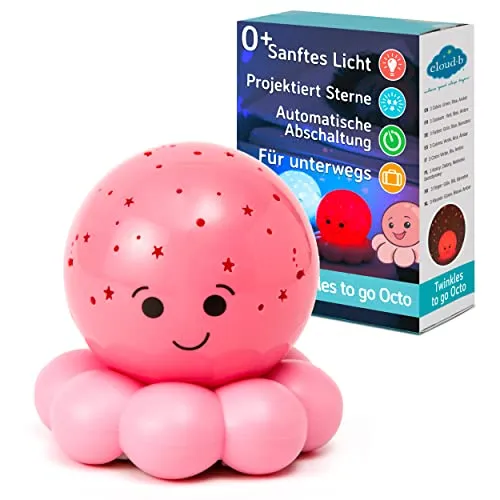 Cloud b Twinkles To Go | Tragbarer Nachtlicht-Projektor für Kinder | Sternenhimmel & Blasenfisch | 3 Farben & Farbwechsel | 45-Minuten Abschaltung | Sanftes LED-Licht | Octo Baby Pink