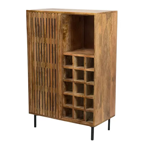 Wohnling Weinschrank WL7.615 Hausbar Massivholz 123cm Spirituosenschrank Barschrank mit Tür (Markantes Loft Design mit Holz und Metall) Praktische Aufbewahrung für Getränke