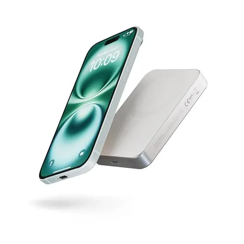 Zens Slim Aluminium Power Bank Qi2 10k mAh, MagSafe-kompatibles Kabelloses Ladegerät 15 W für iPhone Air/17/16/15/14/13/12 sowie und AirPods, inkl. integriertem, 30 cm langem USB-C-C-Kabel, Weiß