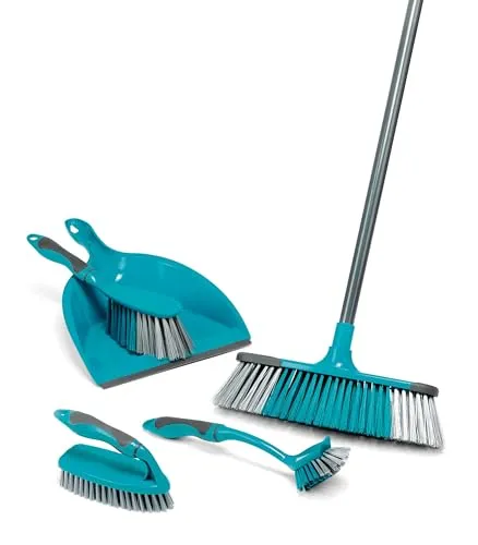 Beldray 5-teiliges Kehrschaufel Set, Reinigungsset, Besen mit weichen Borsten, Kehrschaufel, Bürste, Schrubber und Spülbürste, Reinigungsutensilien, Frühjahrsputzset, Kehren, weiche Griffe, türkis