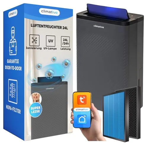 Climative Luftentfeuchter Elektrisch 24L/24h mit HEPA H13 & Aktivkohle, WiFi Smart Home Air Purifier Nexi ION UV Raumentfeuchter für Zuhause, Haus, Wohnung, Keller & Badezimmer bis 45 m² Grau