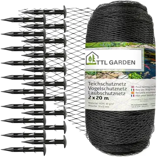 TTL Garden Teichnetz Vogelschutznetz 2x20m schwarz 30g/m² - 12x12mm engmaschig Starkes HDPE Poolnetz Obstbaumnetz Gartennetz, Vogelabwehr Netz, reißfest dehnbar robust mit 20 Bodenanker