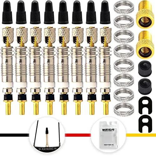 8X Französische Ventile Presta Sclaverand Fahrradventil Ersatz Set Premium: Ventileinsatz, Ventil-Schlüssel, Ventil-Schutz-Kappe, Auto-Ventil-Adapter SV AV Aufsatz Tubeless, Werkzeug Tool