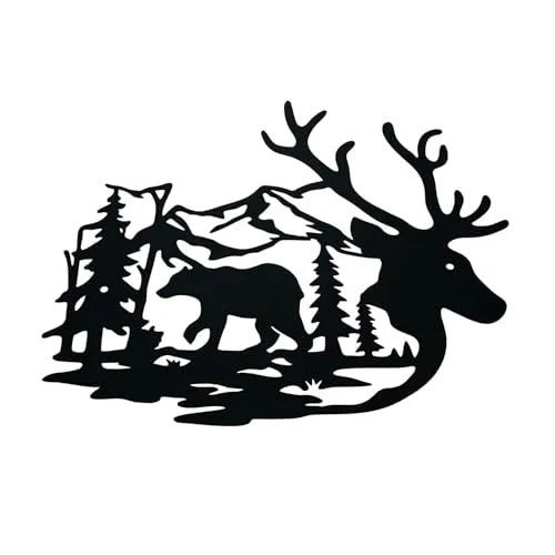 bowarepro 1 Stück Metall Bär und Hirsche Wanddekor Garten Ornamente Wandkunst Wandskulptur Plakette Dekorationen für Zuhause Indoor Outdoor Dekor Hof Zaun Schuppen Wände (Schwarz)