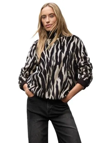 Street One Damen 2116829 Fake Fur Zebra Blouson - Trendige Funktionsjacke in Deep Roast Brown - Stylische Damenjacke mit Stehkragen und Tunnelzug am Saum, ideal für kühle Tage und modische Akzente.