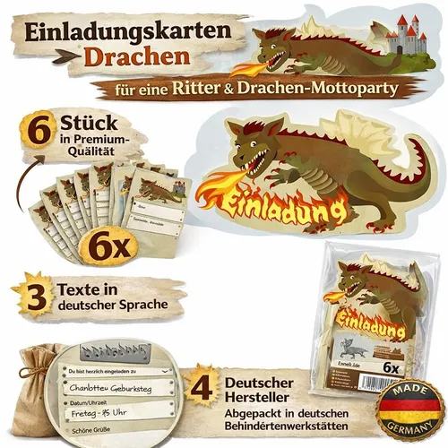 Einladungskarten RITTER + DRACHE für Kindergeburtstag Kinder Geburtstag Party 6
