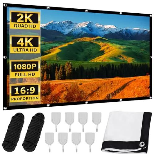 WANDGU 100 Zoll Beamer Leinwand: 16:9 HD 4K Projektor Leinwand Knitterfreie Hanging Faltbarer, Tragbare Projektionsleinwand Waschbar mit Haken und Seilen für Zuhause, Büro, Schule und Outdoor