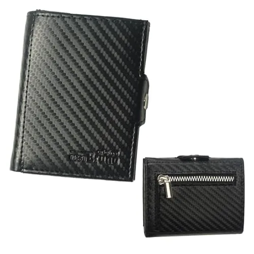 Minigeldbörse Herren Schwarz Leder RFID Schutz, Kleine Geldbörse, Kartenetui Portemonnaie, Slim Wallet Mit Münzfach, Geschenk Für Männer