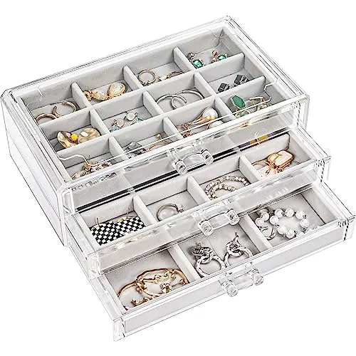 ProCase Acryl Schmuck Organizer Schmuckschatulle für Damen Durchsichtige Schmuckaufbewahrung Schmuckkästchen Schmuckbox mit 3 Schubladen für Ohrringe, Ringe, Armbänder -Grau