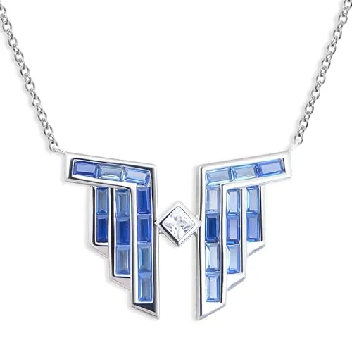 Nobel Art Deco Kette Silber 925 Halskette Anhänger Zirkonia Baguetteschliff Blau SCHMUCK