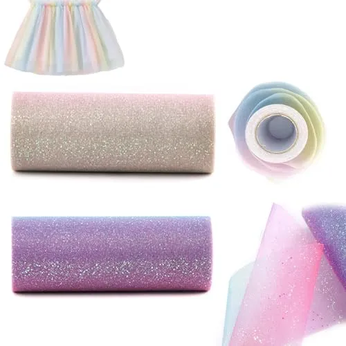 Hoshisea 2 Stück Regenbogen Glitzer Tüll Rolle, Tüll Roll Stoff Rollen, Tüll RolleTüllband, 15 cm x 9m, Tüll Stoff Geschenkpapier, Geeignet für die Herstellung von Kunsthandwerk (Lila Rosa)