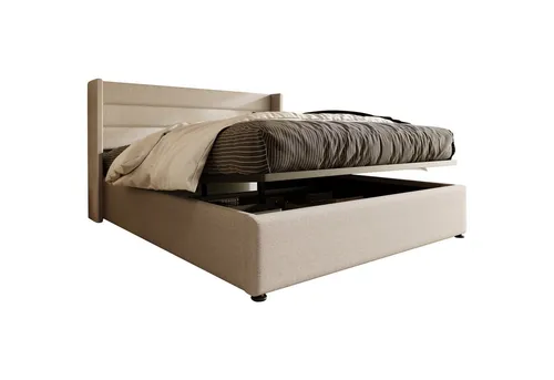 Flieks Polsterbett mit Stauraum - Hydraulisches Doppelbett in Leinen 140x200cm - Kompaktes Polsterbett mit praktischem Stauraum, ideal für kleine Räume. Hergestellt aus robustem Massivholz und Leinen, bietet es eine hohe Belastbarkeit von bis zu 180kg.