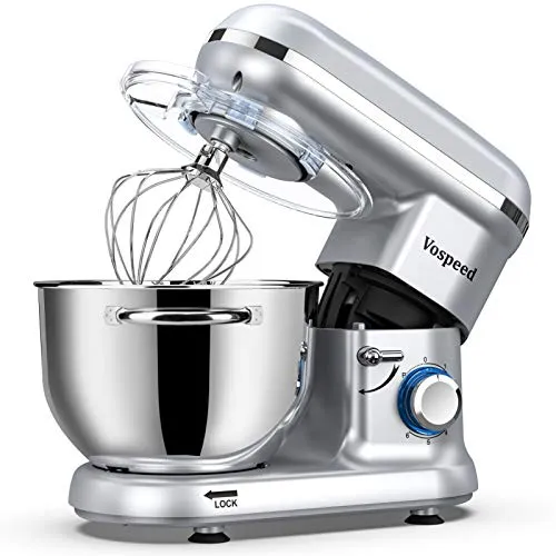 Küchenmaschine Knetmaschine zum Backen, Vospeed 6 Geschwindigkeit Elektrischer Küchenmixer mit 6.2QT Schüssel, Rührbesen, Haken, Schneebesen, Eiertrenner (Silber)
