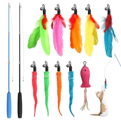 AOROPS Katzenspielzeug, 12 Stück Interaktives Katzen Spielzeug, Katzenspielzeug Set mit 2 Skalierbar Stangen 10 Katzen Spielzeug Ersatzfedern Katzenspielzeug Federn für Kätzchen