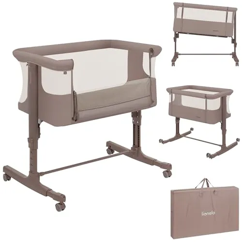 Lionelo Aurora 3 in 1 Babybett bis 9 kg, Beistellbett, Wiege, Höhenverstellug und Einstellung der Neigung der Matratze, 4 Räder mit Bremse Ergonomische Matratze Tasche