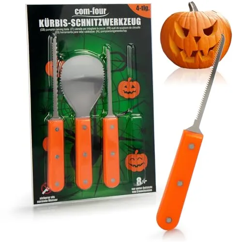com-four® 4-teiliges Kürbis Schnitz-Set für Halloween - Schneide-Werkzeuge zum Aushöhlen von Kürbissen - Schnitzset mit Löffel, Sägemessern und Auftrennsäge (4-teilig - orange)
