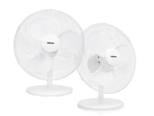 Tristar Tischventilator 2er SET, leise Mini Raumlüfter Ø40cm - Praktisches 2er SET Tischventilatoren für erfrischende Abkühlung an heißen Tagen. Mit 40cm Durchmesser, neigbarem Kopf und 3 Geschwindigkeitsstufen sorgt er für angenehme Brise in jedem Raum.