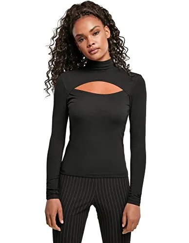 Urban Classics Damen Cut-Out Turtleneck, Langarm-Shirt mit Raffiniertem Brust-Ausschnitt, Slim Fit, Black, M