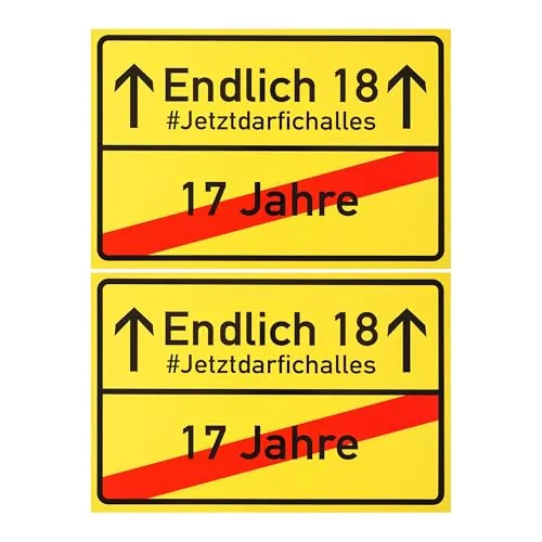 Ortsschild zum 18.Geburtstag, 2 Stück, 1 mm PVC, 30 x 20 cm, Scherzartikel für Geburtstagsgeschenk, Geburtstagsüberraschung 18 Jahre, Schild als Geburtstagsdekoration, lustiges Hinweisschild achtzehn