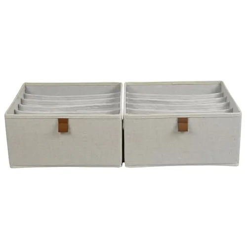 hausleben Organizer Box 2er Set – 6 Fächer je Box – Faltbare Aufbewahrungsbox aus Stoff 30x30x15cm – für BHs, Slips, Socken & Kleidung – Leinenoptik (creme/Nature)