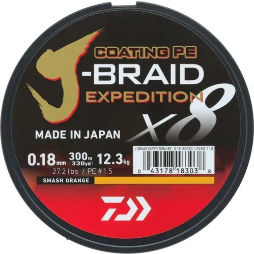 Daiwa J-Braid Expedition 300m - Smash Orange - Hochwertige geflochtene Angelschnur, extrem glatt durch Silikonbeschichtung, hohe Knotenfestigkeit und Langlebigkeit für anspruchsvolle Fischer.