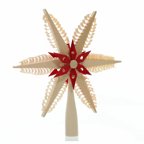 Rudolphs Schatzkiste Christbaumspitze Natur Rot - Traditioneller Fensterschmuck aus Seiffen, handgefertigt aus Holz. Mit einem Durchmesser von 20 cm ist diese Christbaumspitze ein echtes Schmuckstück für Ihr Zuhause.