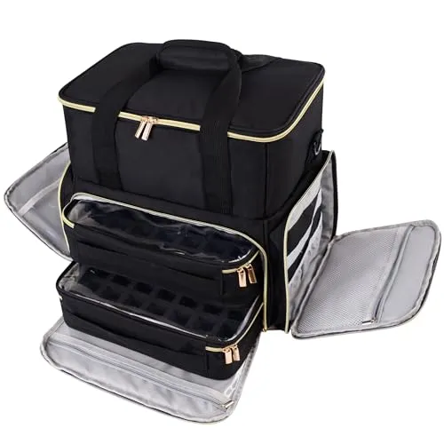 igadgitz home U7302 Große Nagellack Aufbewahrung Organisationstasche mit Schubladen, Werkzeughaltern und Trageriemen, wasserfest - Schwarz