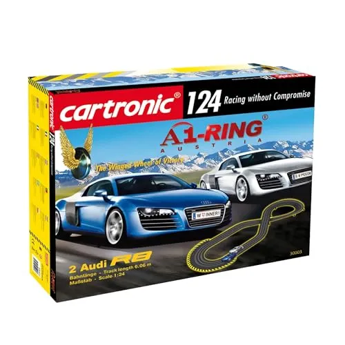 Cartronic 124 A1 Ring I Spielfertiges Rennbahn Set mit 6,06m Rennstrecke + 2X Audi R8 I Autorennbahn für Kinder ab 8 Jahren