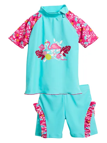 Playshoes zweiteilig Schwimmshirt Badeshorts Unisex Kinder Flamingo 98-104 - Zweiteiliges Schwimmset mit UV-Schutz 50+, ideal für Sommertage am Wasser. Inklusive Windeleinsatz für Größe 86/92, schnelltrocknend und hautfreundlich.