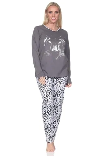Normann Damen Schlafanzug Langarm Pyjama mit Animal Print - Übergröße verfügbar, Farbe: grau, Größe: 36-38 - Stylischer Langarm Pyjama im Animal Print, ideal für gemütliche Abende oder als Homewear. Mit hohem Tragekomfort und in Übergrößen erhältlich. Vertrauen Sie auf die Markenqualität von Normann, seit 1903 für Nachtwäsche bekannt.