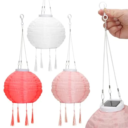 OVITEC Solar Lampion Boho Style 3er Set | rot, rosa, weiß | Party Deko | Vintage Style | Lampions außen wetterfest | Lichterkette für Garten oder Balkon Deko | Ø ca. 20 cm | Wetterfest mit LED