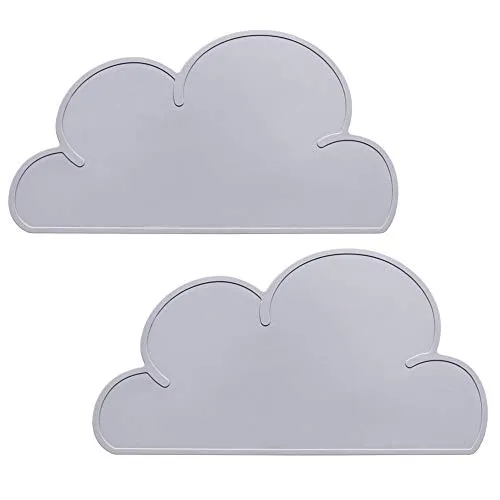 Silikon Platzset, Platzdeckchen Wolke, YOCZOX 2Pcs Kinder Platzset rutschfest, Baby Untersetzer, Kinder Tischset Wolke, Silikon Tischunterlage, Cloud Tisch Matte für Kinder, BPA frei, 48x27x0.3cm grau