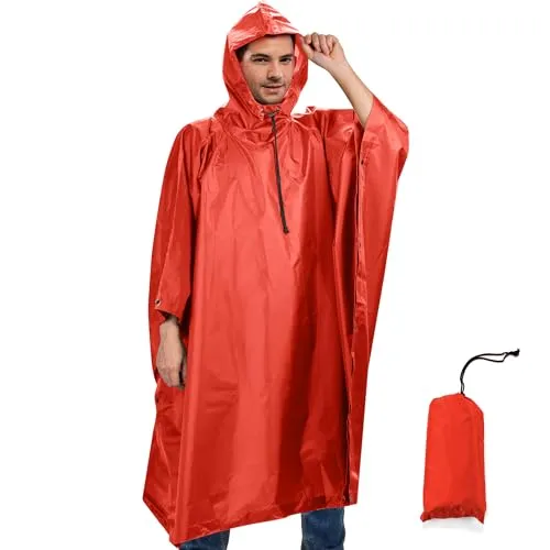 Sensong Regenponcho Wasserdicht Regencape mit Kapuze Multifunktionales Regenmantel Wiederverwendbar Regenkleidung Faltbare Ripstop Damen Herren für Wandern Camping Angeln Täglichen Gebrauch Orange
