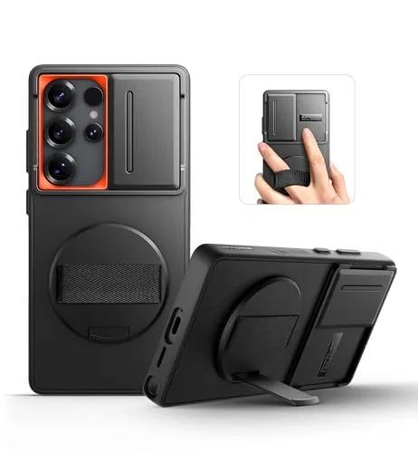 SURITCH Hülle Kompatibel mit Samsung Galaxy S25 Ultra Handyhülle mit 360° Drehbarer Handschlaufe Telefongriffhalter & Ständer & Schiebekameraabdeckung Robuste Stoßfeste Schutzhülle - Schwarz