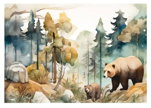 WallArena - Vlies Fototapete Kinderzimmer 416x290 cm Wald Tiere Bär Pastell - Fototapeten Tapeten für Kinder Kindertapete Kinderzimmertapete - Vliestapete Wandtapete Tapete 3D Effekt