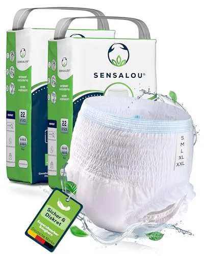 Sensalou Windel-Höschen-Pants für Erwachsene XXL (44 Stk) - Optimaler Schutz bei starker Inkontinenz - Inkontinenzeinlagen für Damen und Herren, 44 Stück. Saugfähige, atmungsaktive Einweg-Pants bieten sicheren Auslaufschutz und sind diskret wie Unterwäsche. Ideal für aktive Senioren.