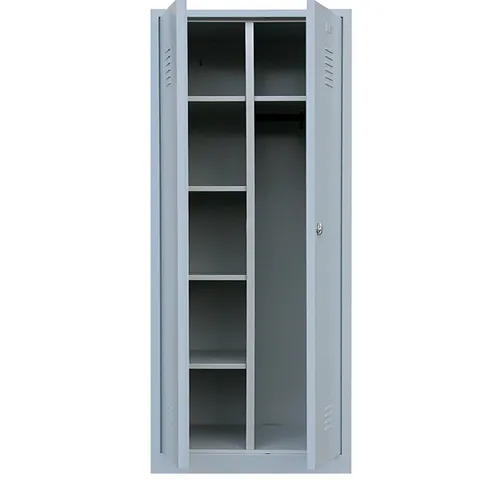 Robuster Spind Kleiderschrank aus Stahl - Lichtgrau - Vielseitiger Lagerschrank mit 2 Abteilen, höhenverstellbaren Fachböden und geräuschdämpfenden Flügeltüren. Ideal für Werkstätten oder Büros, bietet Platz für Kleidung und Utensilien.