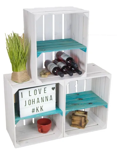 Regalkiste Johanna 3er Set - Skandinavische Regalkisten in Weiß mit türkisem Querbrett, ideal für Bücher, DVDs und mehr. Perfekt für Innen- und Außenbereich, leicht zu reinigen.