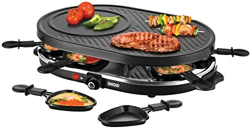 Unold Raclette Gourmet 8 Pfännchen 1.200 Watt - Raclette für gesellige Abende, mit 8 Pfännchen und leistungsstarken 1.200 Watt für schnelles und gleichmäßiges Schmelzen.
