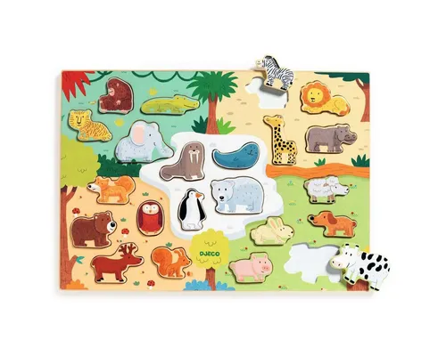 DJECO Puzzle Schichtenpuzzle aus Holz mit 22 Teilen auf einem Legebrett, 22 Puzzleteile